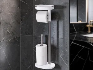 RollCaddy Toilet Paper Holder Stand with Shelf, Drawer, and Spare Roll Storage, Stainless Steel