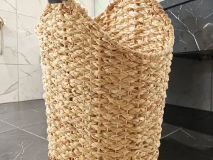RollCaddy Toilet Paper Storage Basket with Wood Roll Holder Bar, Braided Water Hyacinth Wicker, 13 L x 14.5 W x 16 H