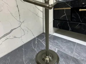 RollCaddy Vintage Freestanding Toilet Paper Holder, Brass, Black Finish, 21-1/2 inch Height