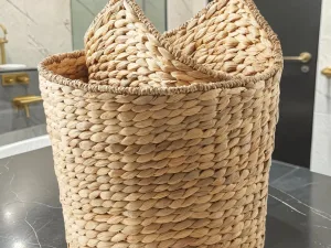 RollCaddy Wicker Bathroom Organizer, Water Hyacinth Weave Bin with Toilet Paper Dowel, 13x14.5x16 Inch